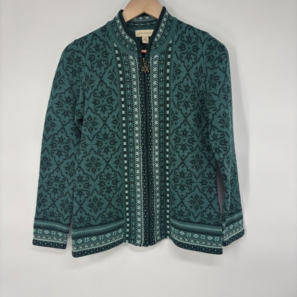Appleseeds Womens Teal‎ Green Nordic Fair Isle Full Zip Cardigan Sweater Small
